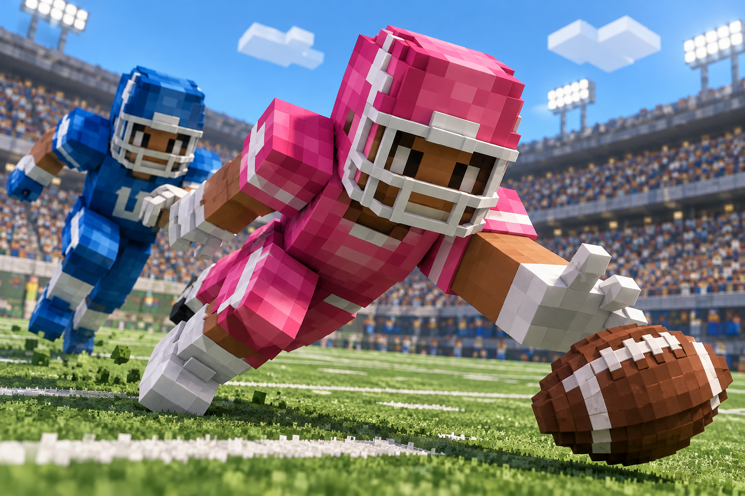 Pink blocker reaching for a football
