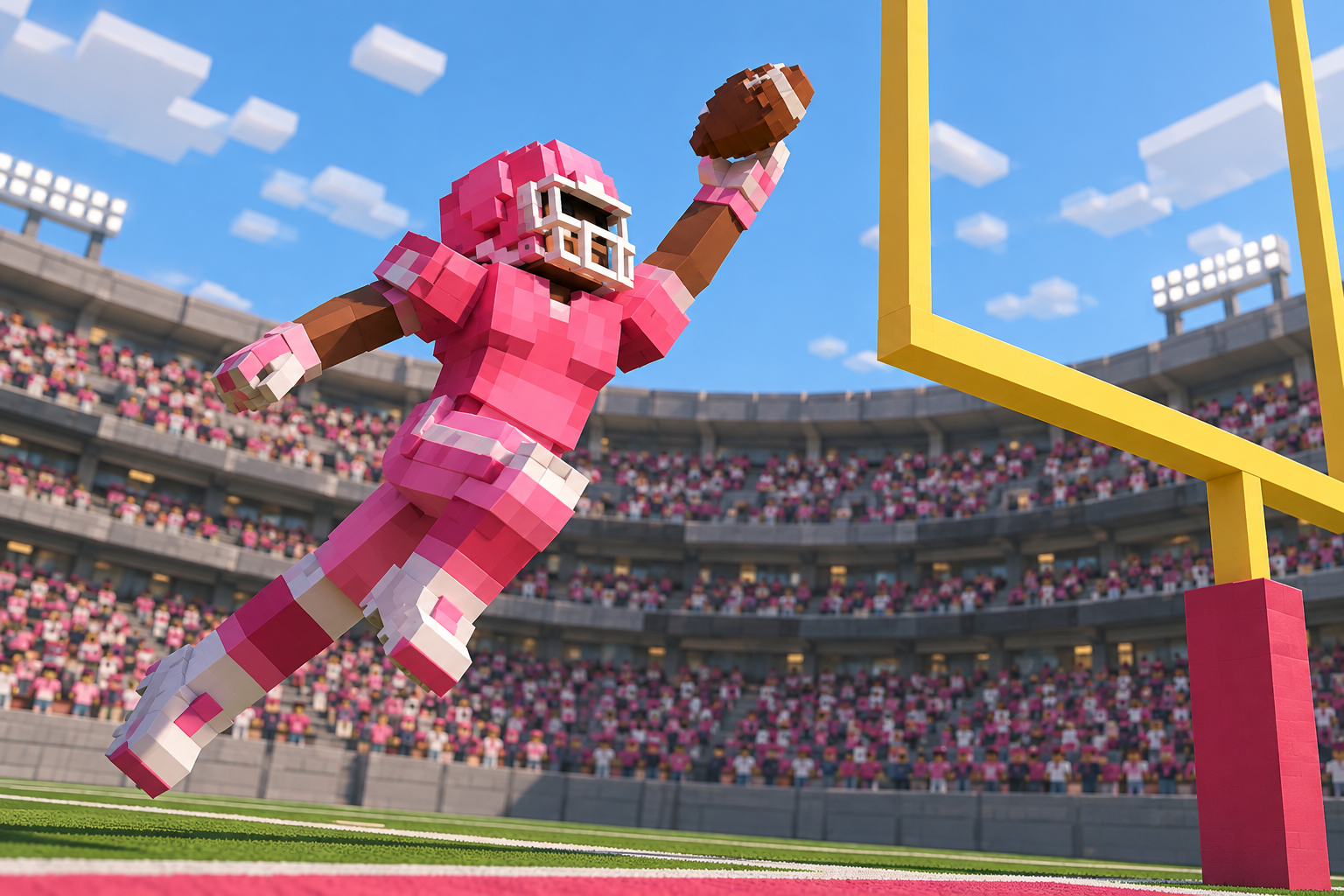Pink player leaping near a yellow goal post