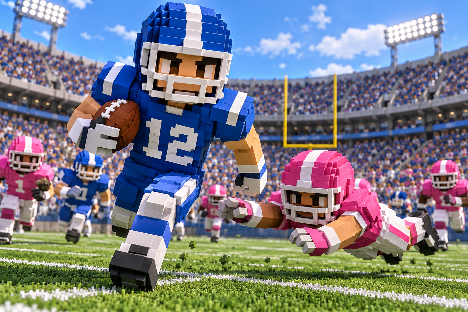 Daylight stadium scene with a blue ball carrier and a pink defender