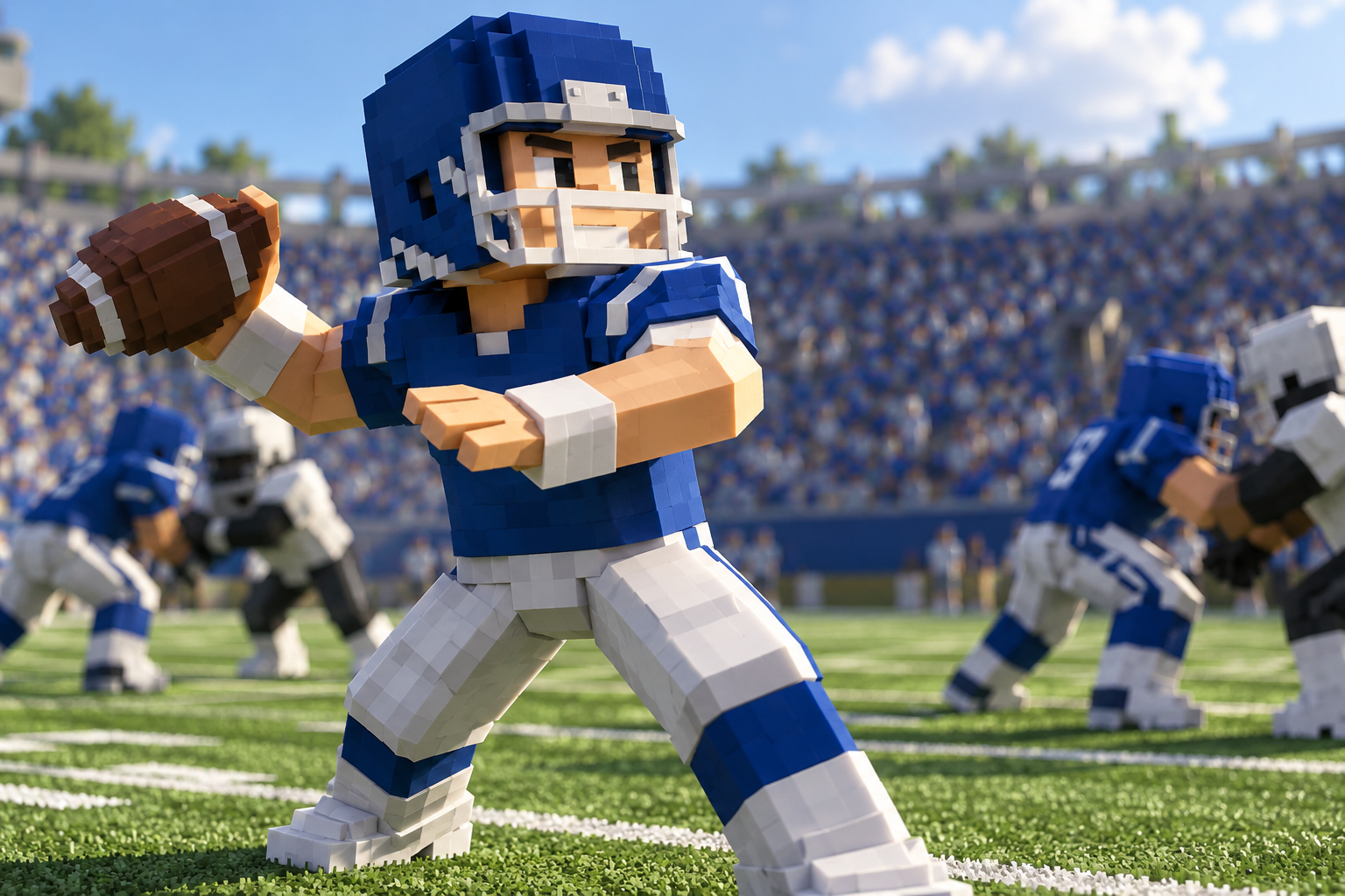 Blocky quarterback in a blue helmet holding a football