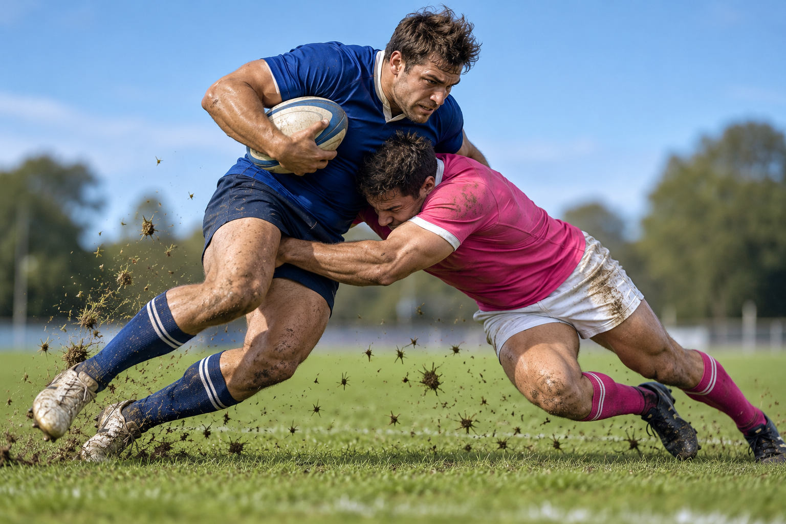 Blue ball carrier and pink defender colliding on a daylight field